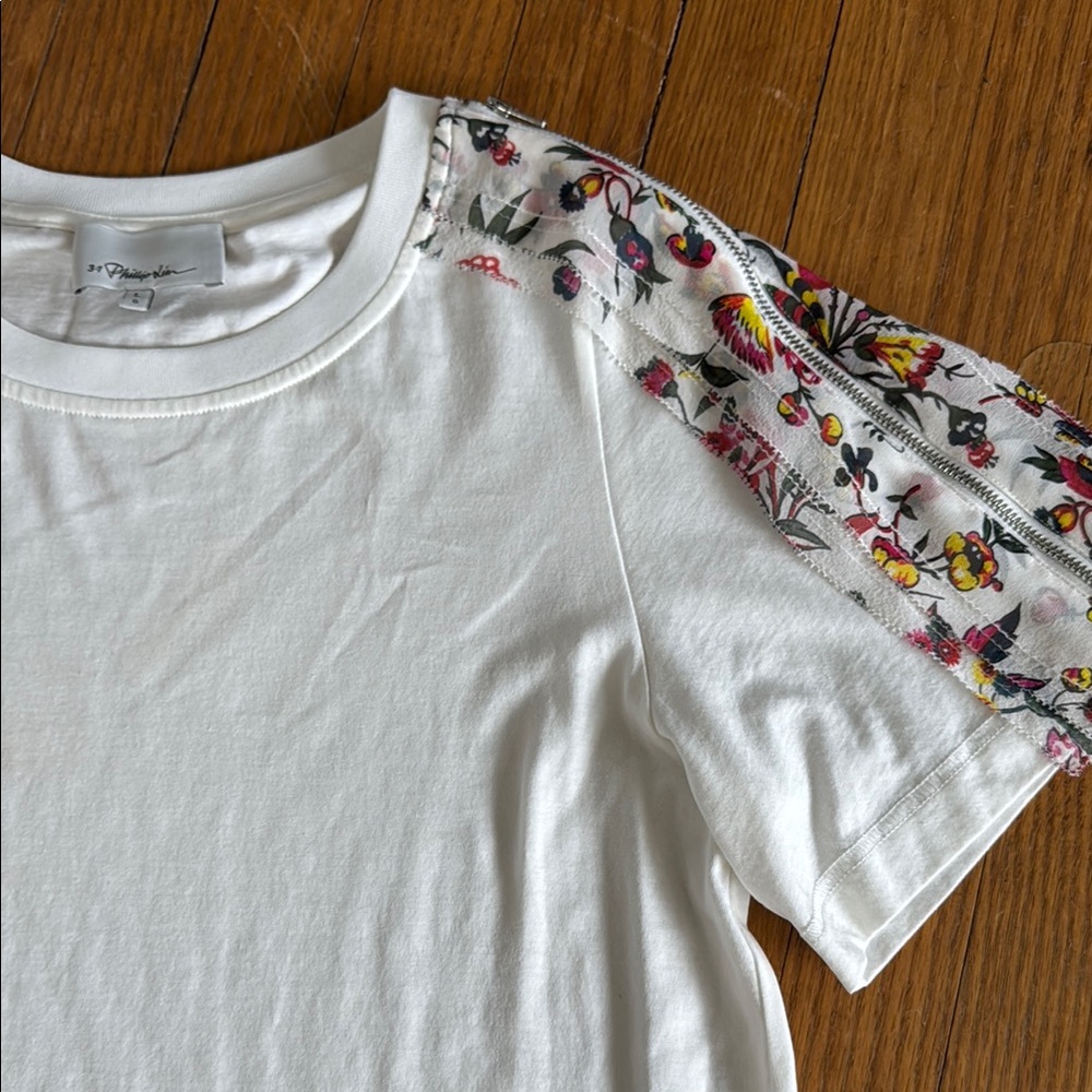 3.1 Phillip Lim White Tee with Floral Embroidered Shoulder